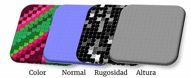 representaciones de escaneo de textura para color, material, rugosidad y altura