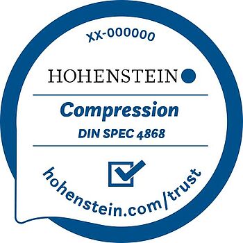 Sello redondo de calidad con "Compression per DIN SPEC 4868", número de certificación y sitio web para más información