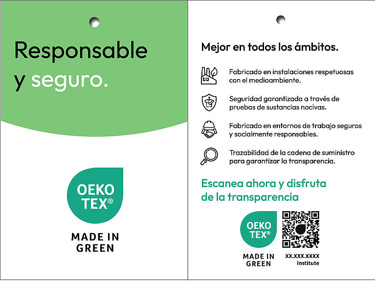 "Responsable y seguro", logotipo OEKO-TEX® MADE IN GREEN, código escaneable e información de trazabilidad, íconos para reclamos de sostenibilidad