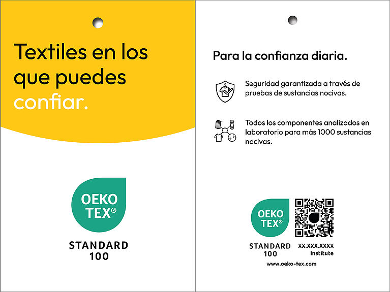"Textiles en los que puedes confiar", logotipo OEKO-TEX® STANDARD 100, código escaneable e información de trazabilidad, íconos para reclamos de sostenibilidad