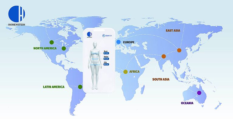 Mapa mundial con las regiones de recopilación de datos del Estudio de Tallas Global de Hohenstein, que incluye América del Norte, América Latina, Europa, África, Asia del Sur, Asia Oriental y Oceanía