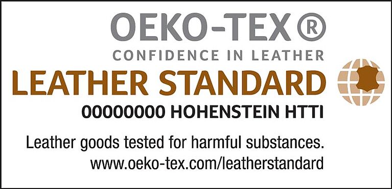 Logo OEKO-TEX®, "LEATHER STANDARD, número de certificación e instituto