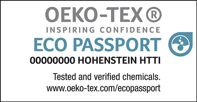 Logo OEKO-TEX® "ECO PASSPORT", número en certificación e instituto