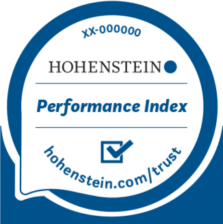 Círculo azul alrededor del logotipo de Hohenstein, marca de verificación, "hohenstein.com/trust", "Hohenstein Performance Index"
