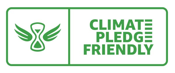Logotipo e ícono del programa Climate Pledge Friendly en Amazon en verde con fondo blanco