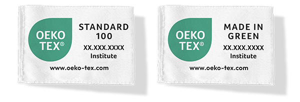 Ejemplo de etiquetas OEKO-TEX® STANDARD 100 y OEKO-TEX® MADE IN GREEN con detalles utilizados para validar las certificaciones