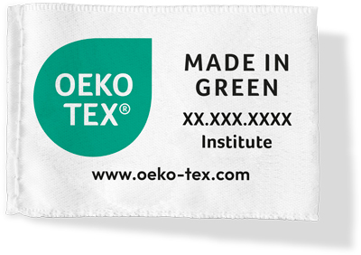 Etiqueta cosida con logo OEKO-TEX® MADE IN GREEN, número en certificación, Institute