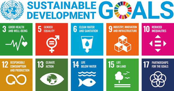 Logotipo de los Objetivos de Sostenibilidad de la ONU con iconos para los objetivos 3, 5, 6, 9, 10, 12, 13, 14, 15 y 17