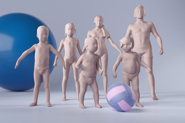 Escaneo 3D y 4D para formas corporales de niños y bebés 6 avatares de niños en diferentes movimientos