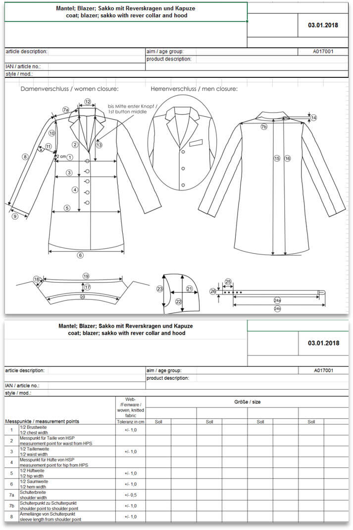 Dibujo técnico de blazer con construcción detallada y tablas de medidas